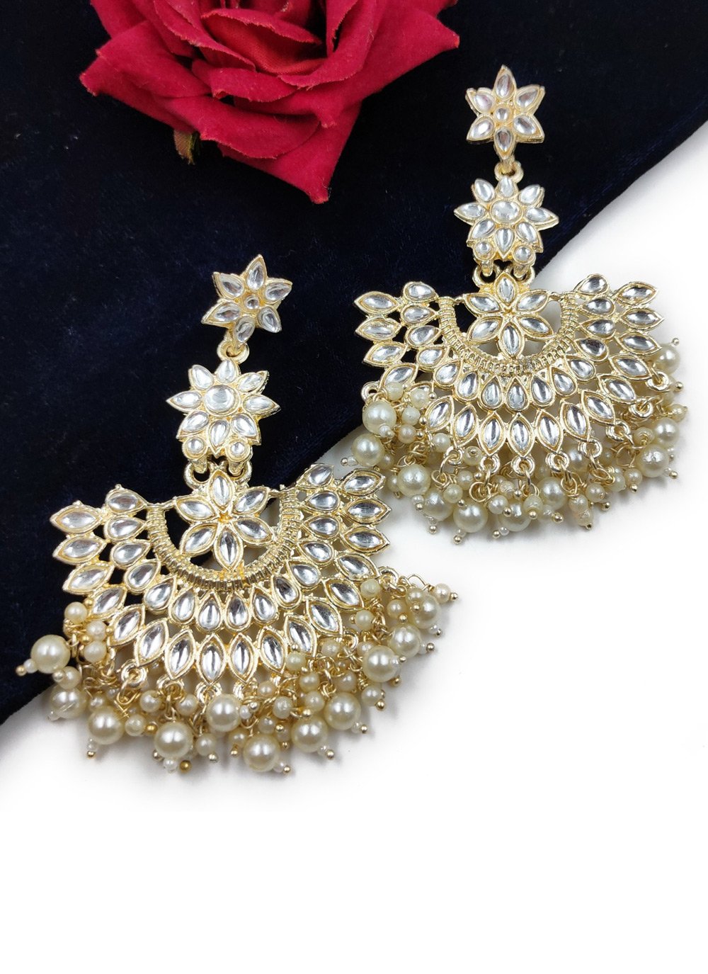 Royal Gold Rodium Polish Beads Work Alloy Earrings