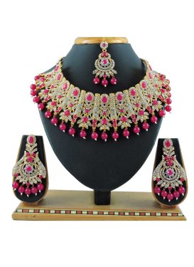 Royal Gold Rodium Polish Beads Work Alloy Rose Pink and White Necklace Set For Bridal