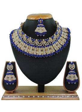 Royal Gold Rodium Polish Blue and White Stone Work Necklace Set