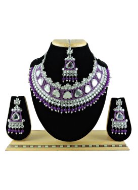 Royal Purple and White Beads Work Alloy Gold Rodium Polish Necklace Set