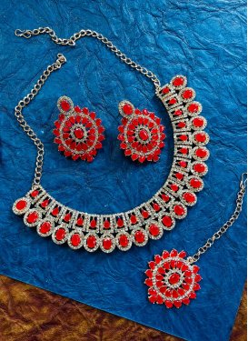 Royal Red and Silver Color Stone Work Necklace Set