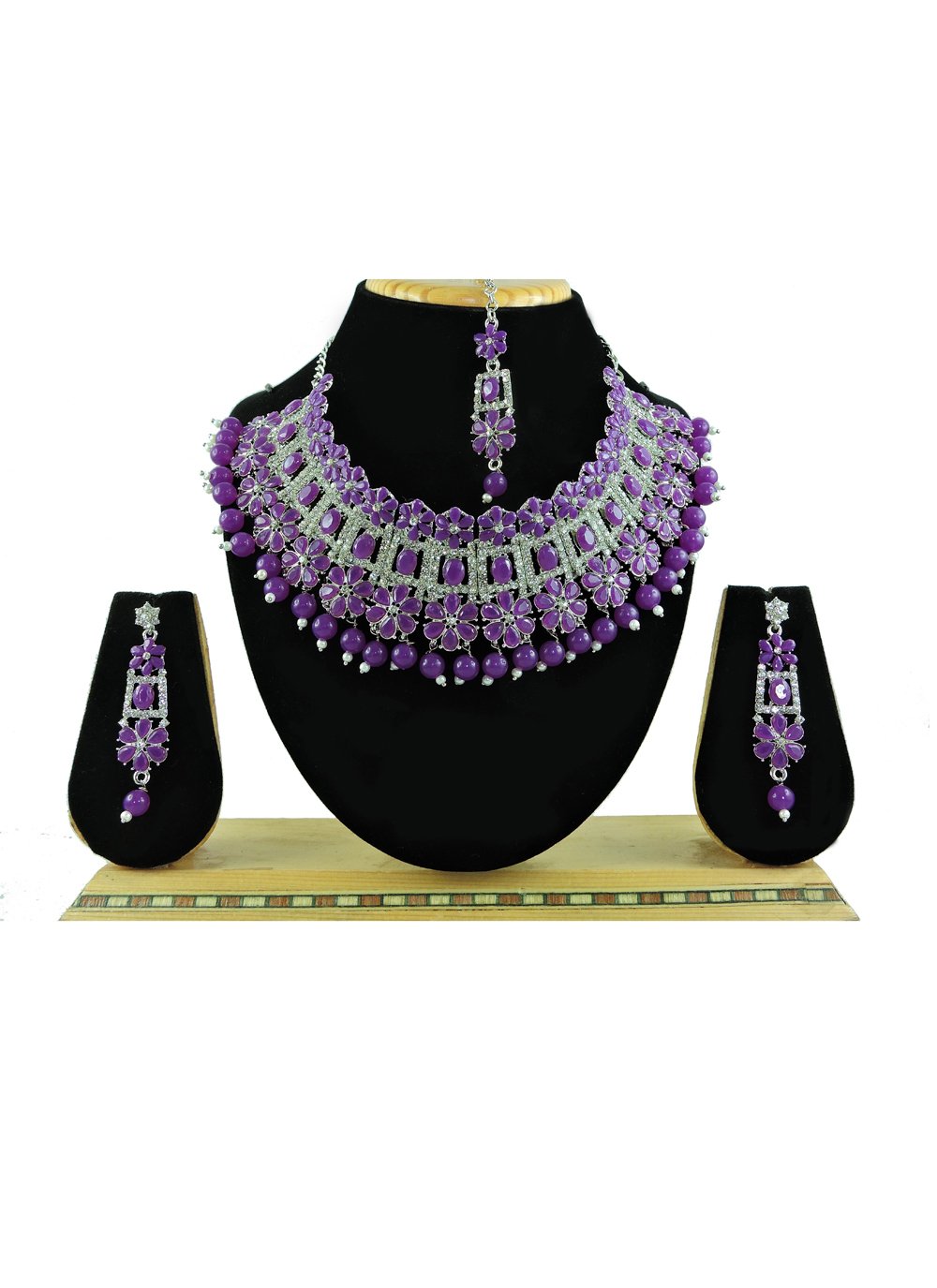 Royal Silver Color and Violet Beads Work Necklace Set