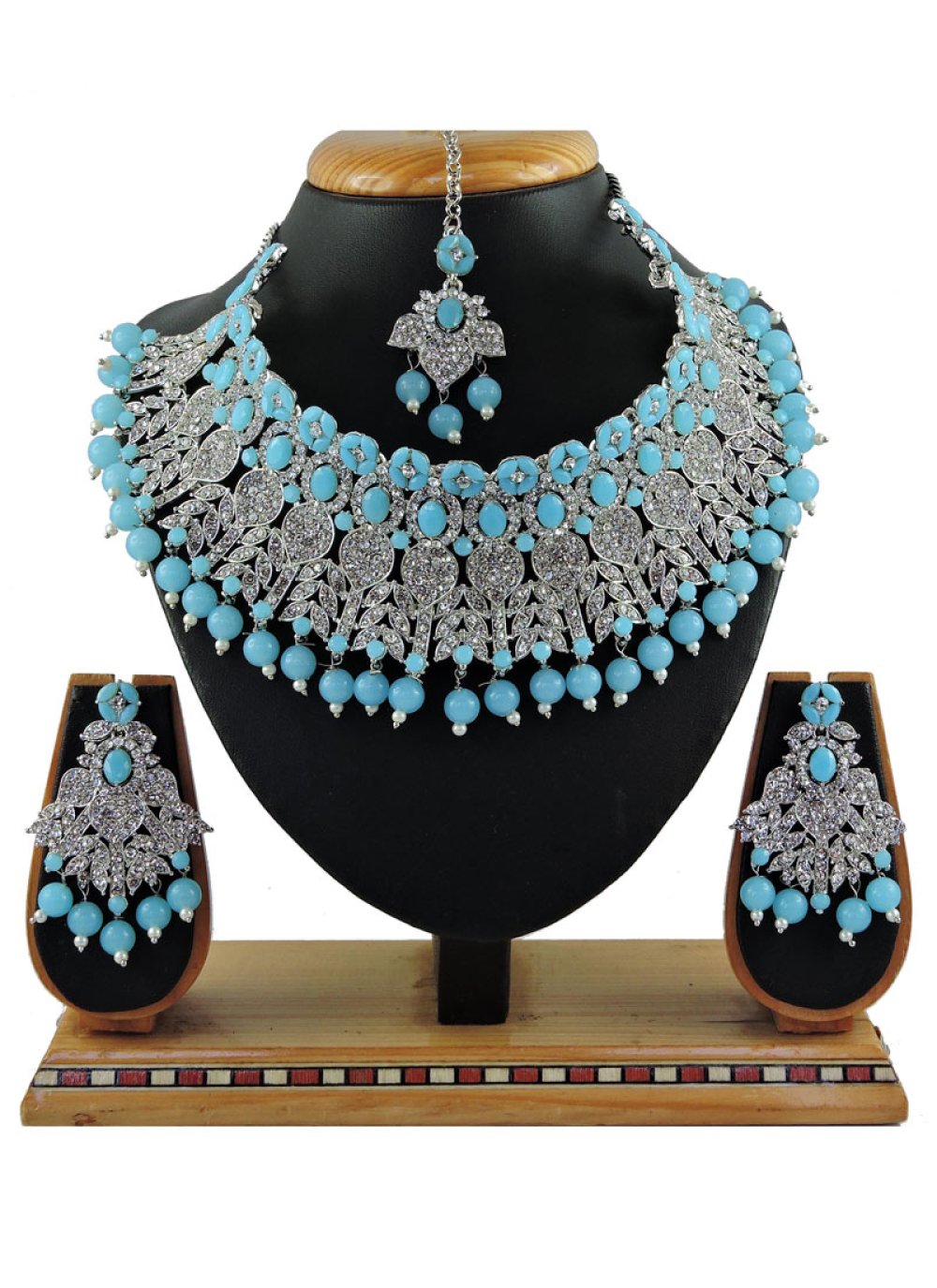 Royal Silver Rodium Polish Light Blue and Silver Color Beads Work Necklace Set
