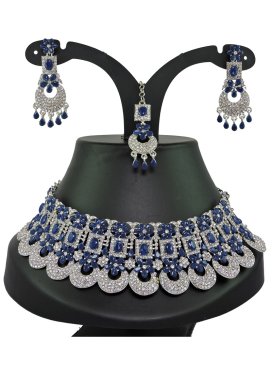 Royal Stone Work Navy Blue and Silver Color Silver Rodium Polish Necklace Set