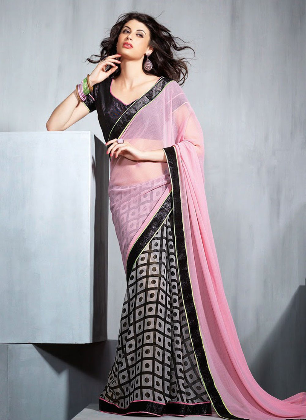 Reeta Fashion Designer Black Georgette Half and half saree with stylish  lace Saree with Unstitched Blouse RFS1027 | Reeta Fashion