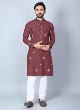 Rust and White Chanderi Silk Kurta Pajama with Embroidered Work for Festival