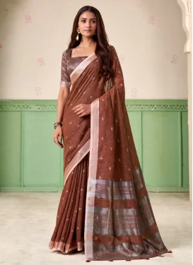 Rust Linen Woven Work Classic Saree for Women