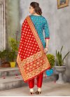 Light Blue and Red Pant Style Straight Salwar Kameez For Ceremonial - 1