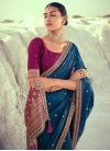 Embroidered Work Fuchsia and Navy Blue Designer Contemporary Style Saree - 1