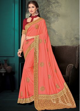 Salmon And Red Embroidered Designer Saree