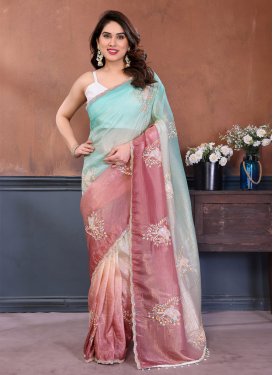 Salmon and Turquoise Fendi Silk Embroidered Work Trendy Saree for Women