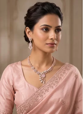 Salmon and White Alloy Gold Rodium Polish Necklace Set For Ceremonial