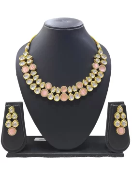 Salmon and White Stone Work Alloy Gold Rodium Polish Necklace Set
