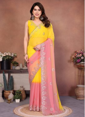 Salmon and Yellow Georgette Embroidered Work Traditional Saree for Women