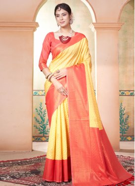 Salmon and Yellow Kanjivaram Silk Designer Contemporary Style Saree
