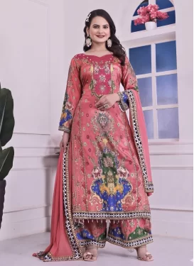Salmon Chinon Palazzo Suit with Digital Print Work for Ceremonial
