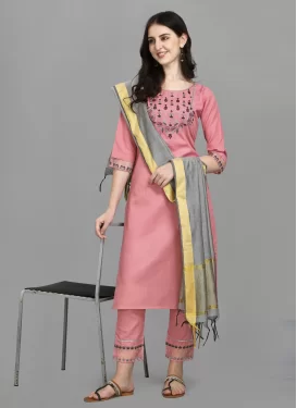 Salmon Cotton Readymade Salwar Suit with Embroidered Work for Ceremonial