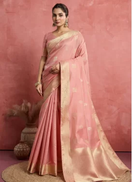 Salmon Linen Traditional Saree with Woven Work for Festival