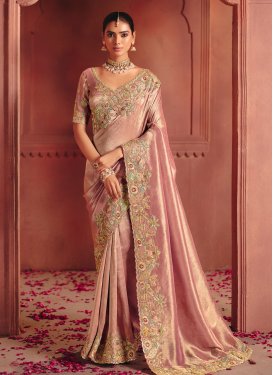 Salmon Silk Classic Saree with Embroidered Work for Bridal