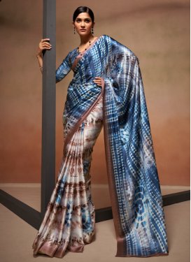 Satin Blue and Off White Designer Contemporary Style Saree For Festival