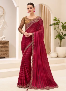 Satin Georgette Classic Saree in Red with Embroidered Work for Women