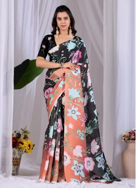 Satin Georgette Classic Saree with Digital Print Work in Black and Peach