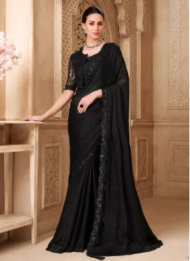 Satin Georgette Classic Saree with Embroidered Work for Women in Black Satin Georgette Classic Saree with Embroidered Work for Women in Black