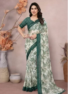 Satin Georgette Digital Print Work Trendy Saree in Green and Off White