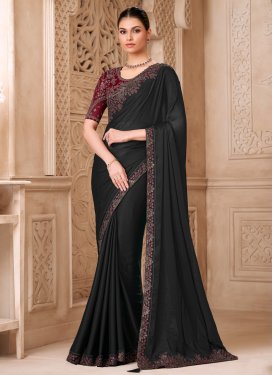 Satin Georgette Embroidered Work Trendy Saree in Black
