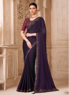 Satin Georgette Traditional Saree with Embroidered Work in Purple for Festival