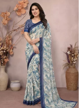 Satin Georgette Trendy Saree with Digital Print Work for Women in Navy Blue and Off White