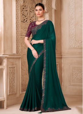 Satin Georgette Trendy Saree with Embroidered Work for Women in Bottle Green