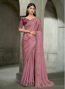 Satin Georgette Trendy Saree with Embroidered Work for Women in Pink