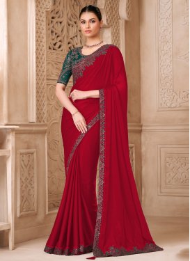 Satin Georgette Trendy Saree with Embroidered Work in Red