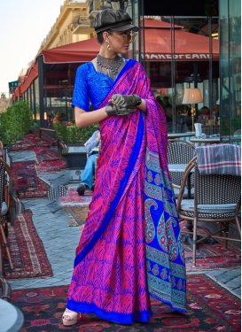 Satin Silk Blue and Rose Pink Digital Print Work Designer Traditional Saree