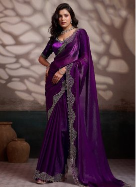 Satin Silk Classic Saree in Purple with Swarovski Work for Festival