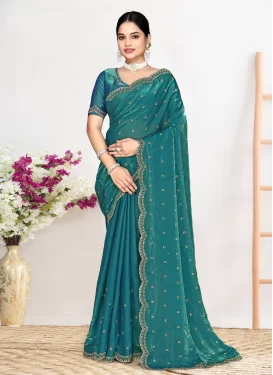Satin Silk Classic Saree in Teal with Swarovski Work for Women