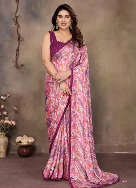 Satin Silk Classic Saree with Digital Print Work for Women in Pink and Purple
