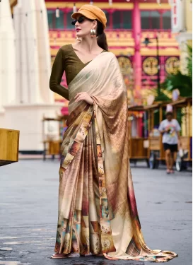 Satin Silk Classic Saree with Digital Print Work in Beige for Casual