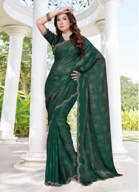Satin Silk Classic Saree with Digital Print Work in Green