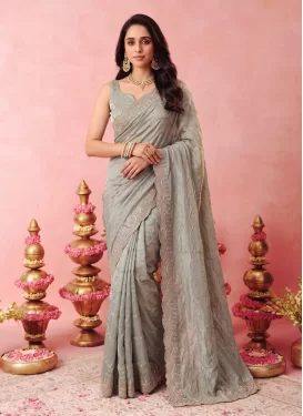 Satin Silk Classic Saree with Embroidered Work in Aqua Blue for Festival