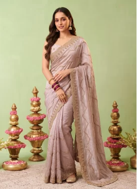 Satin Silk Classic Saree with Embroidered Work in Beige for Ceremonial
