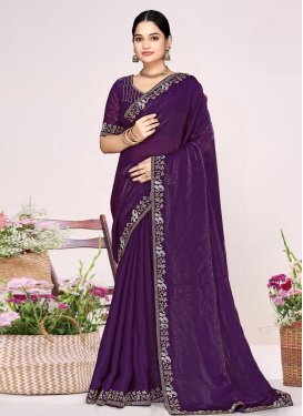 Satin Silk Classic Saree with Swarovski Work for Festival in Purple