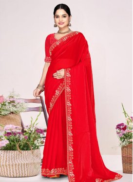 Satin Silk Classic Saree with Swarovski Work in Tomato