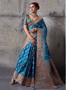 Satin Silk Classic Saree with Woven Work in Blue