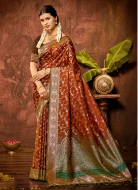 Satin Silk Classic Saree with Woven Work in Orange for Festival