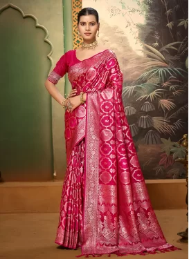 Satin Silk Classic Saree with Woven Work in Rose Pink for Ceremonial