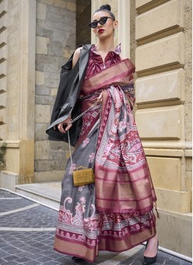 Satin Silk Crimson and Grey Designer Traditional Saree
