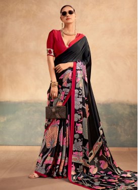 Satin Silk Digital Print Work Classic Saree in Black and Red