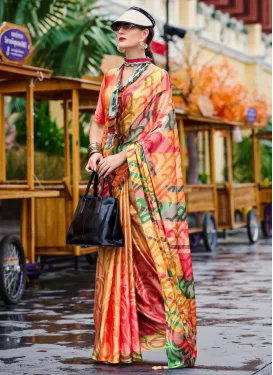 Satin Silk Digital Print Work Trendy Saree in Multi Colour